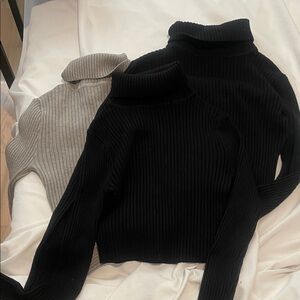 Love Tree Ribbed Turtleneck Sweater - Black and Gray
